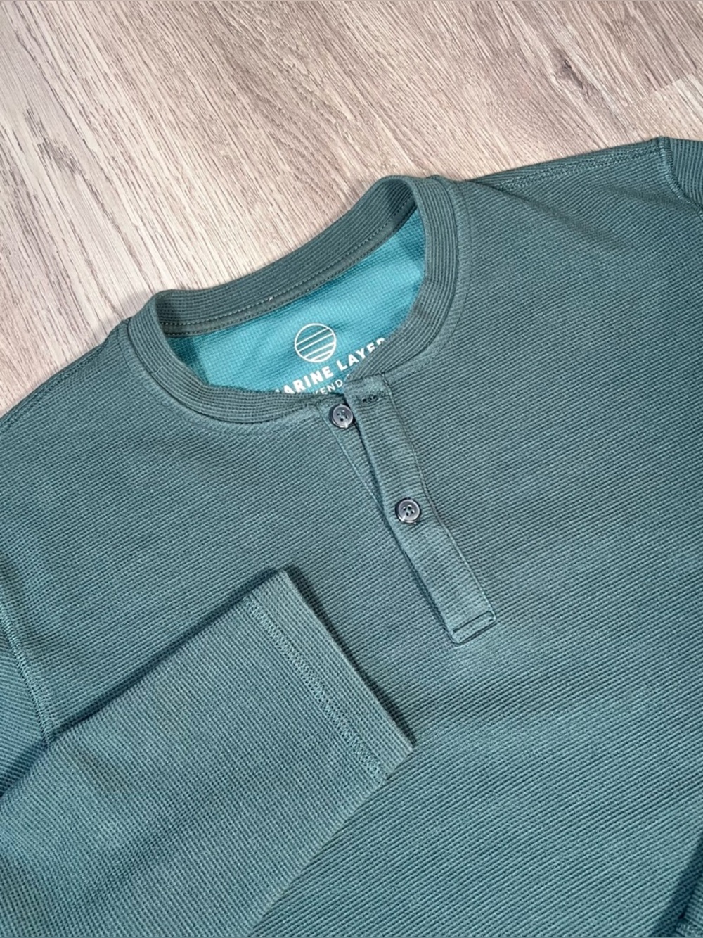 Marine Layer Shirt Mens L Weekend Sport Henley Green Waffle Long Sleeve Pullover